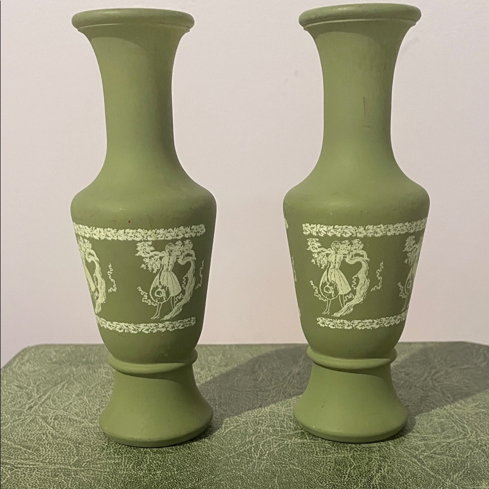 Decorative Matte Olive Green Jasperware-Style Pair of Bud Vases